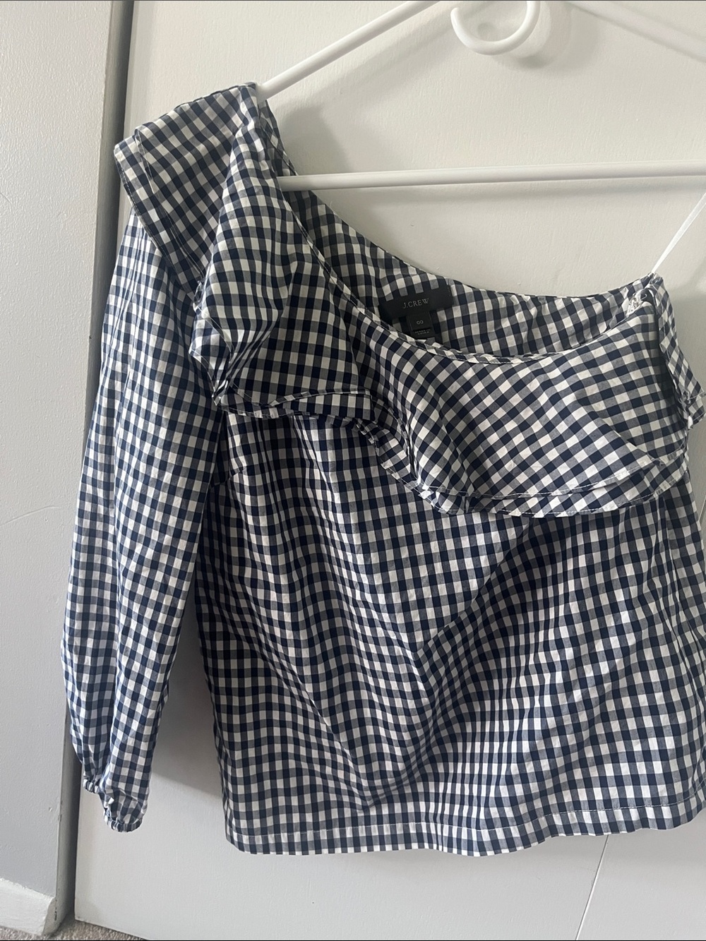 J. Crew Navy and White Gingham one shoulder ruffle Blouse